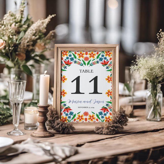 mexikanische Blumenfarben Botanische Blume Hochzei Tischnummer (Mexican Floral Colorful Botanical Flowers Wedding Table Number)