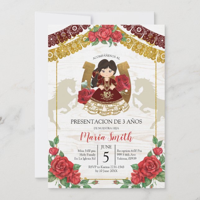 Mexikanische Charra Burgundy-Rote Rose Einladung (Vorderseite)