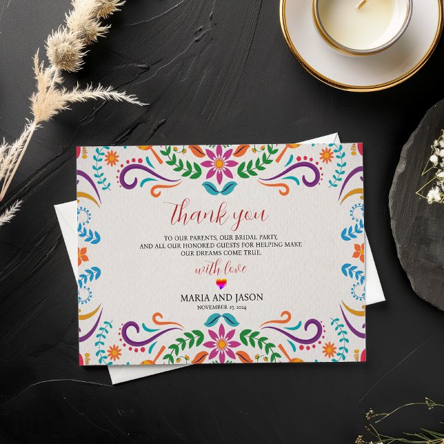 Mexikanische Elegante farbenfrohe Blumenfeier Hoch Dankeskarte (Mexican Elegant Colorful Floral Fiesta Wedding Thank You Card)