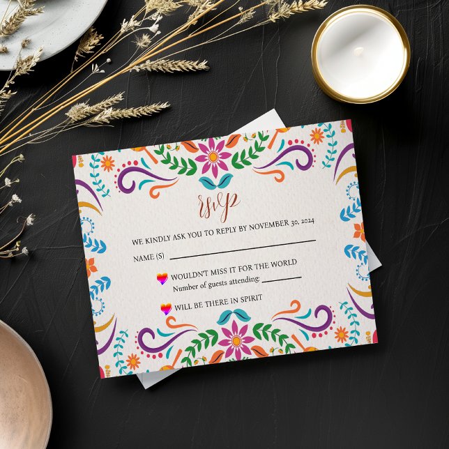 Mexikanische Elegante farbenfrohe Blumenfeier Hoch RSVP Karte (Mexican Elegant Colorful Floral Fiesta Wedding RSVP Card)