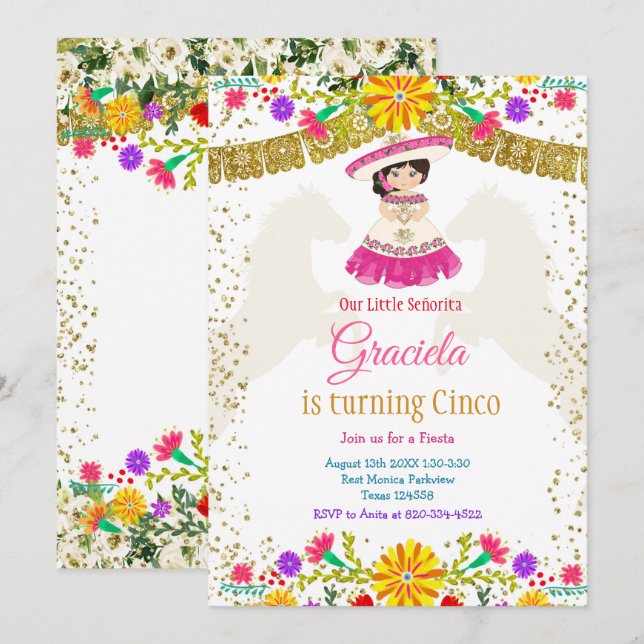 Mexikanische farbenfrohe Blume mit Gold Glitzer Einladung (Vorne/Hinten)
