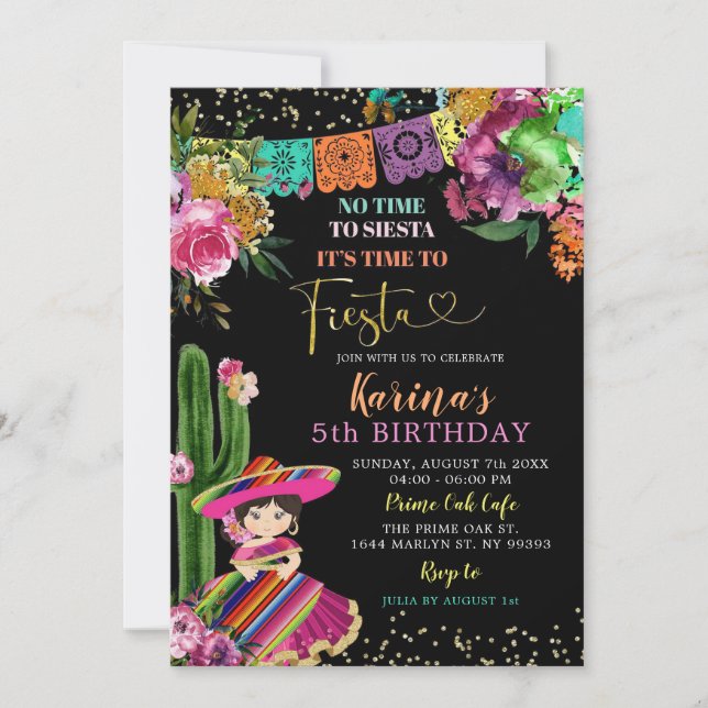 Mexikanische farbenfrohe Fiesta Floral 5. Geburtst Einladung (Vorderseite)