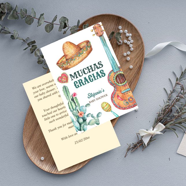 Mexikanische Fiesta-Babydusche Dankeskarte (Mexican fiesta little muchacho baby shower thank you card muchas gracias card guitar sombrero cactus)