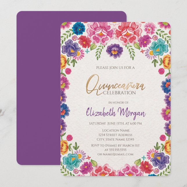Mexikanische Fiesta-Blume Quinceañera Einladung (Vorne/Hinten)