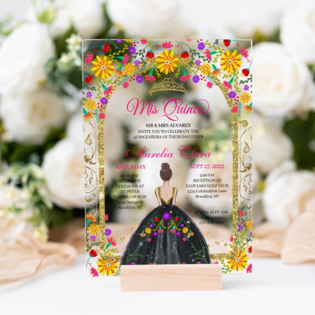 Mexikanische Fiesta-Flora-Prinzessin Gold Quincean Acryleinladungen (Von Creator hochgeladen)