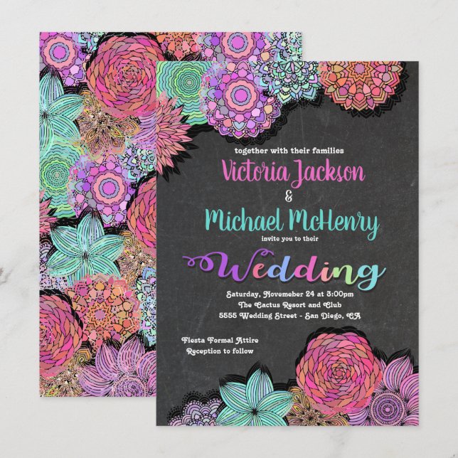 Mexikanische Fiesta Floral Mandala Hochzeitseinlad Einladung (Vorne/Hinten)