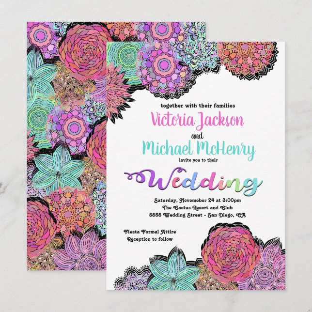 Mexikanische Fiesta Floral Mandala Hochzeitseinlad Einladung (Vorne/Hinten)