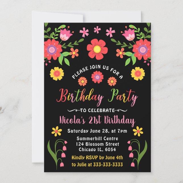 Mexikanische Fiesta Floral und Black Birthday Part Einladung (Vorderseite)