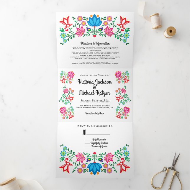 Mexikanische Fiesta Folk Art Floral Wedding Dreifach Gefaltete Einladung (Innenseite)