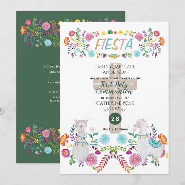 Mexikanische Fiesta HOLY COMMUNION Folk Blume Llam Einladung (Vorne/Hinten)