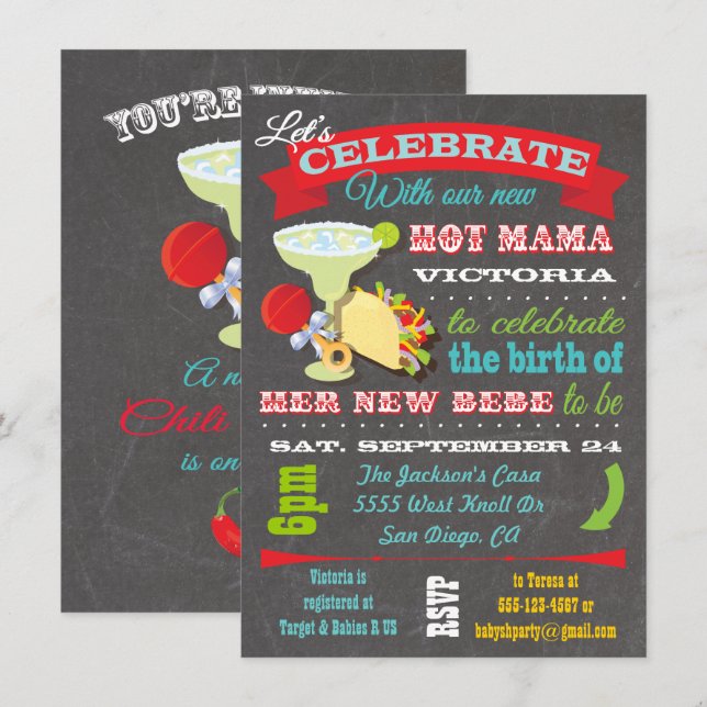 Mexikanische Fiesta Hot Mama Baby Dusche Einladung (Vorne/Hinten)