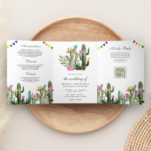 Mexikanische Fiesta-Kaktus-Blumen-QR-Code-Hochzeit Dreifach Gefaltete Einladung