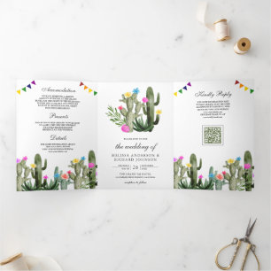 Mexikanische Fiesta-Kaktus-Blumen-QR-Code-Hochzeit Dreifach Gefaltete Einladung