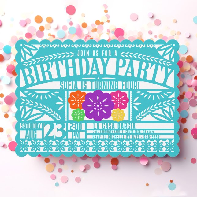 Mexikanische Fiesta Papel Picado Flag AQUAMARIN Ge Einladung (Bright colorful teal blue Papel Picado Flag style scalloped birthday party invite for kids & adults)