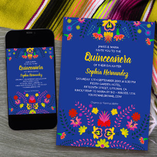 Mexikanische Fiesta Party Blume Blue Quinceanera Einladung