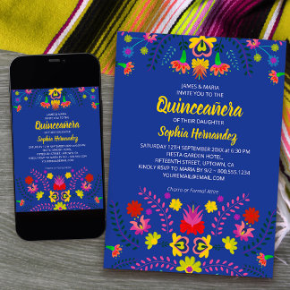 Mexikanische Fiesta Party Blume Blue Quinceanera Einladung