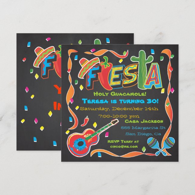 Mexikanische Fiesta-Party Einladung an der Tafel (Vorne/Hinten)