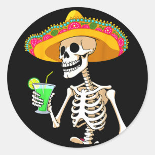Mexikanische Fiesta-Party-Skelett-Sombrero cinco d Runder Aufkleber