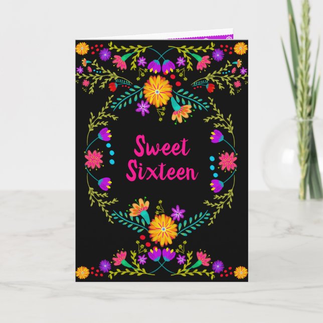 Mexikanische Fiesta Schwarz-Rosa Sweet 16 Einladung (Vorderseite)