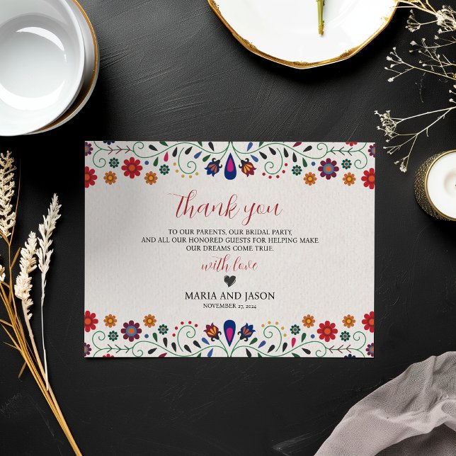 mexikanische Folkkunst Botanische Fiesta Hochzeit Dankeskarte (Mexican Folk Art Floral Botanical Fiesta Wedding Thank You Card)