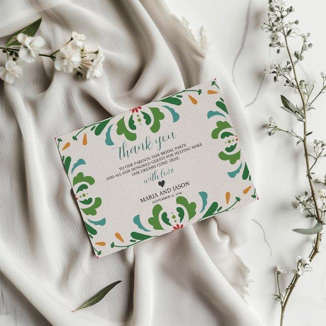 Mexikanische Folklorekunst farbenfrohe Blumenfeier Dankeskarte (Mexican Folk Art Colorful Floral Fiesta Wedding Thank You Card)