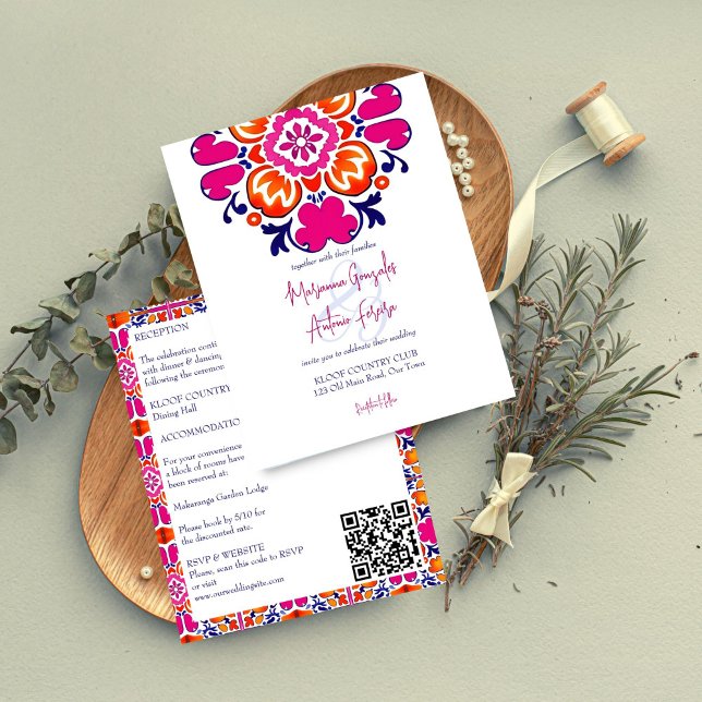Mexikanische Kacheln rosa Budget Hochzeit laden al (Mexican tile pink orange blue budget wedding printable invitation all in one affordable invitations)
