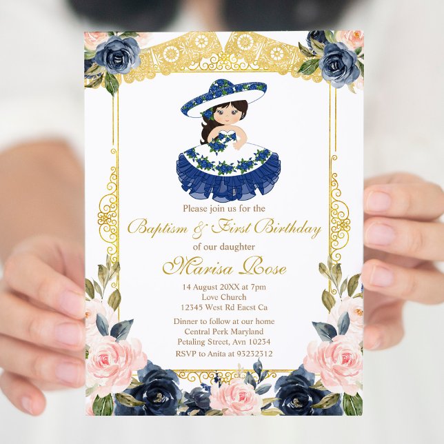 Mexikanische Marine Blue Girl Taufe Christening Einladung (Von Creator hochgeladen)