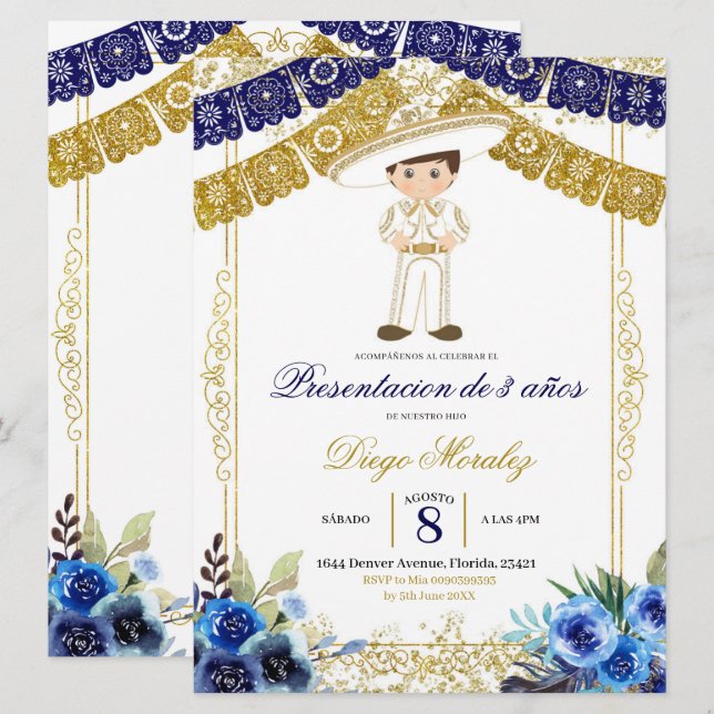 Mexikanische Marine Blue und Gold Charro Los 3 añ Einladung (Vorne/Hinten)