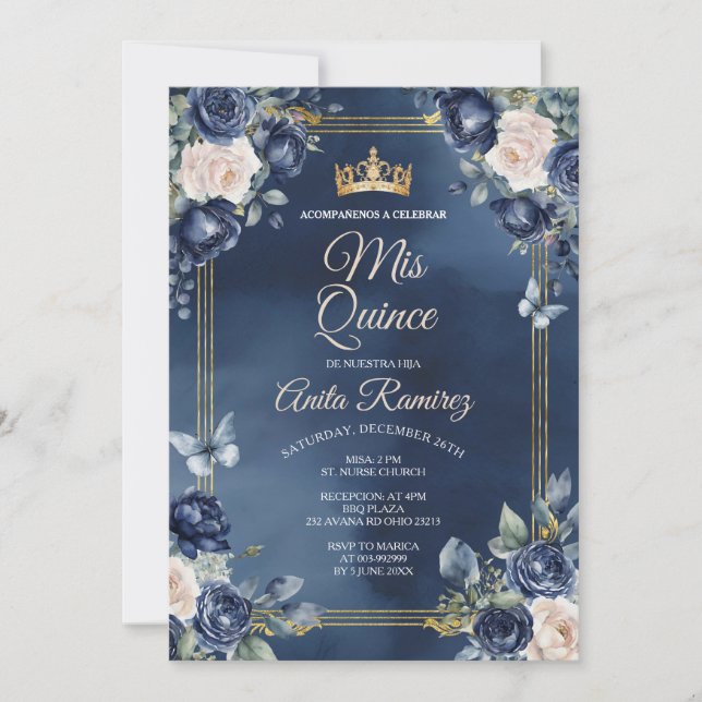 Mexikanische Marine Blue & White Roses Girl Quince Einladung (Vorderseite)