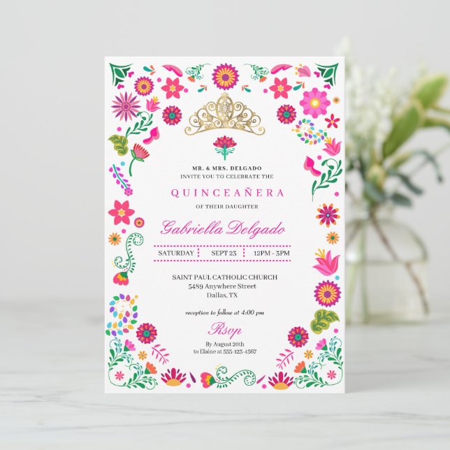mexikanische Otomi Stickerei Quinceañera Einladung (Stehend Vorderseite)