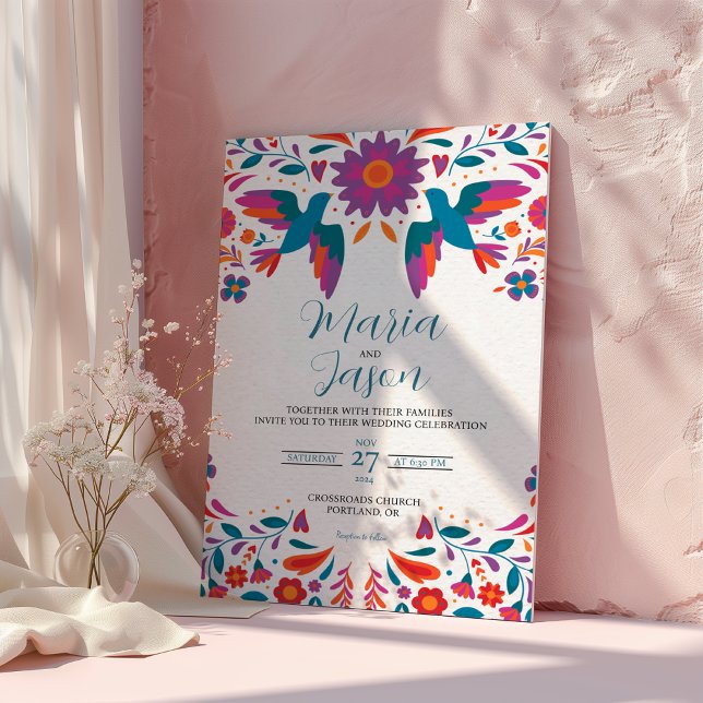 Mexikanische Otomi Tenangos farbenfrohe Volksmusik Einladung (Mexican Otomi Tenangos Colorful Folk Art Wedding Invitation)