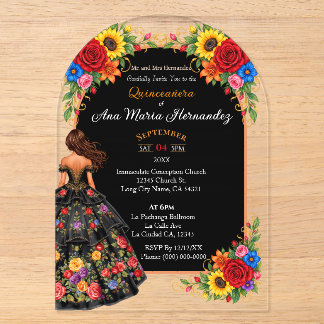 Mexikanische Quinceañera-Einladungen Farbige Blume Acryleinladungen