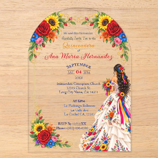 Mexikanische Quinceañera-Einladungen Farbige Blume Acryleinladungen