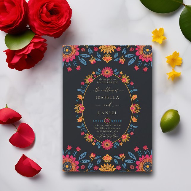 Mexikanische Rancho-farbenfrohe Blume Wreath Weddi Einladung (rancho mexican wedding invitation fiesta hacienda watercolor floral wreath frame elegant modern chic)