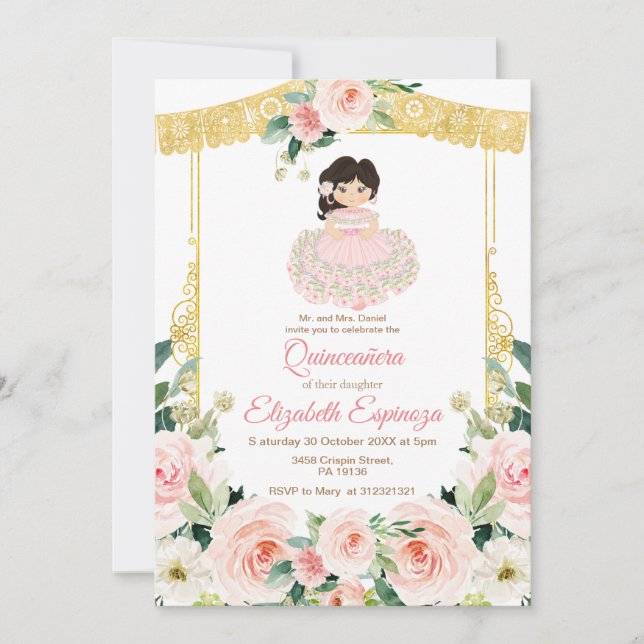 Mexikanische Rosa Blume Quinceanera Mis Quince  Einladung (Vorderseite)