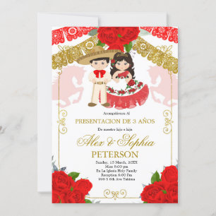 Mexikanische Rose Rot und Gold Twin Los Tres Anos Einladung