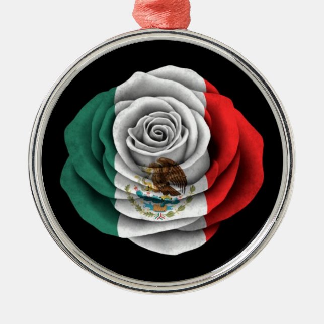 Mexikanische Rosen-Flagge auf Schwarzem Silbernes Ornament (Vorne)