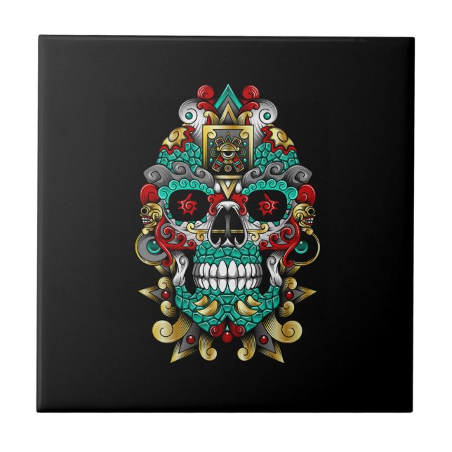 mexikanische Schädelkunst in Huichol-Stimmung Fliese (Vorderseite)