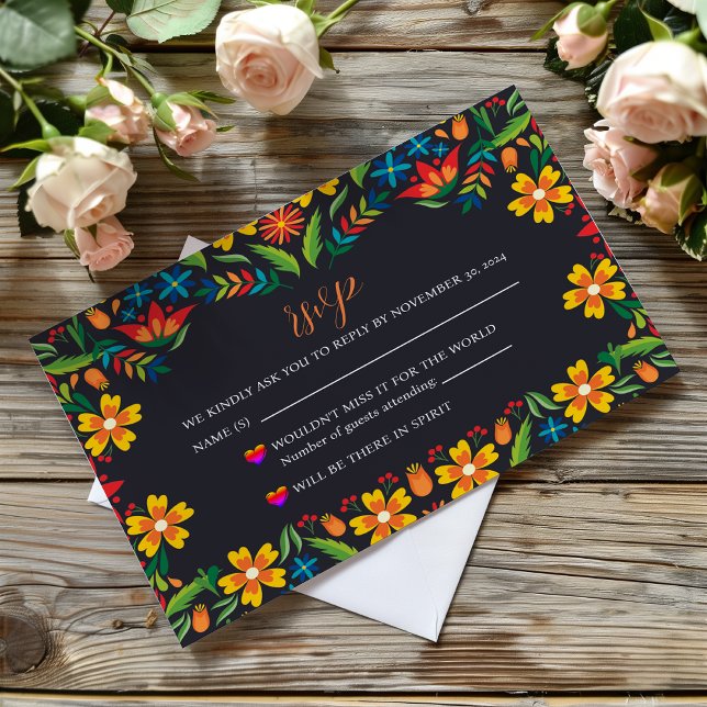 Mexikanische Schwarz-Flora-farbene Botanische Hoch RSVP Karte (Mexican Black Floral Colorful Botanical Wedding RSVP Card)