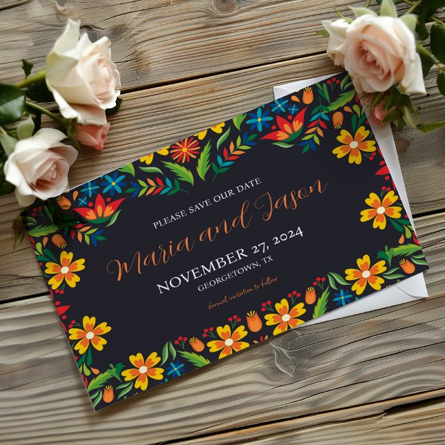 Mexikanische Schwarz-Flora-farbene Botanische Hoch Save The Date (Mexican Black Floral Colorful Botanical Wedding Save The Date)