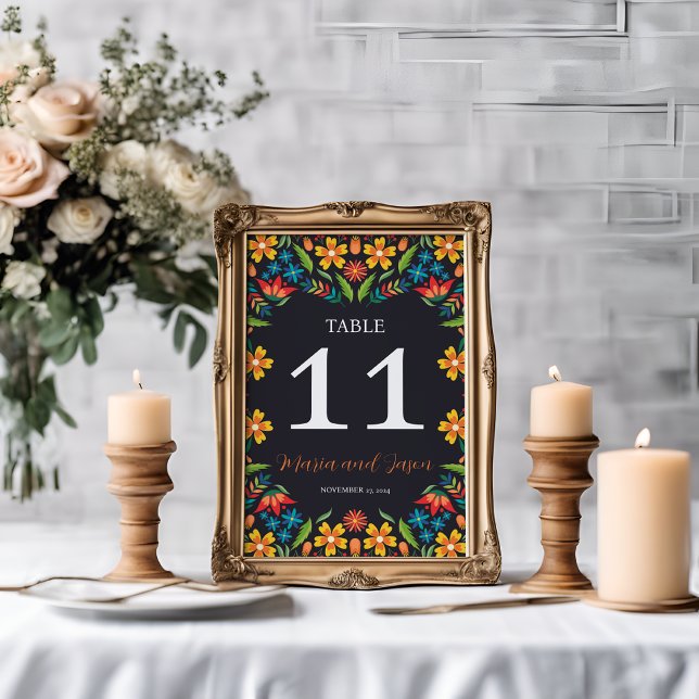 Mexikanische Schwarz-Flora-farbene Botanische Hoch Tischnummer (Mexican Black Floral Colorful Botanical Wedding Table Number)