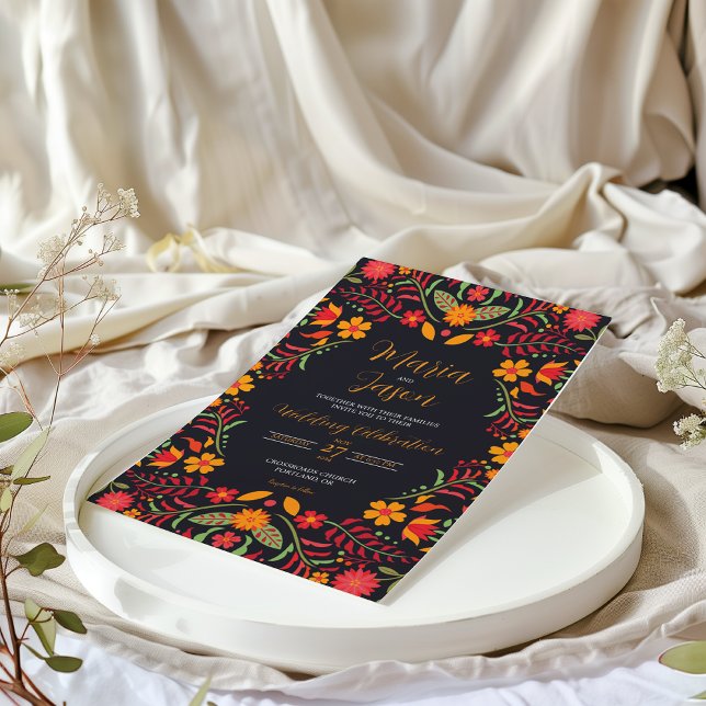 Mexikanische Schwarze Flora Boda Fiesta farbenfroh Einladung (Mexican Black Floral Boda Fiesta Colorful Wedding Invitation)