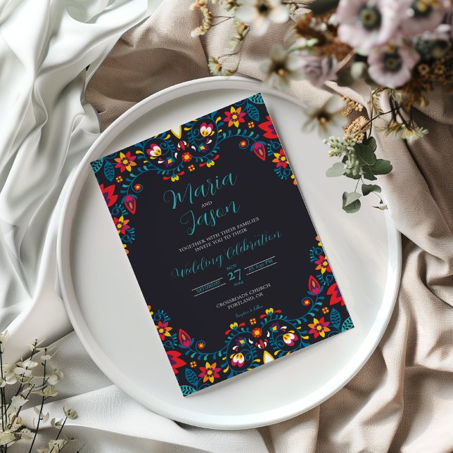 Mexikanische Schwarze Flora-Farbe Elegante Boda We Einladung (Mexican Black Floral Colorful Elegant Boda Wedding Invitation)