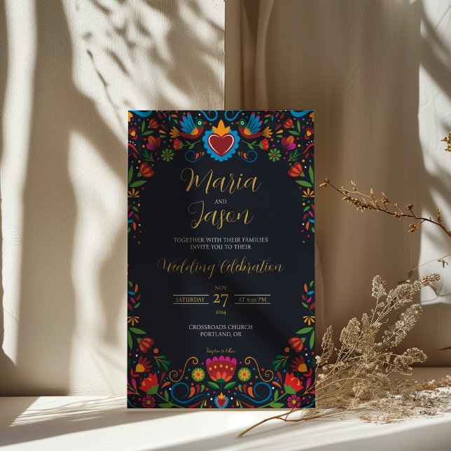 Mexikanische Schwarze Flora Otomi farbenfrohe Fies Einladung (Mexican Black Floral Otomi Colorful Fiesta Wedding Invitation)