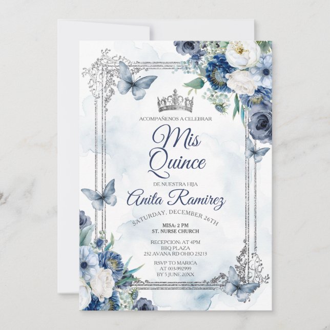 Mexikanische Silver Crown & Navy Blue Rose MIS QUI Einladung (Vorderseite)