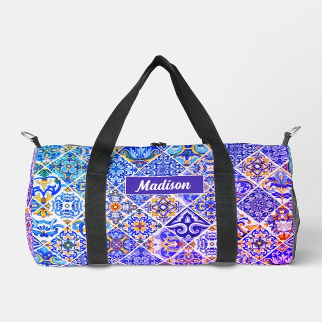 mexikanische sizilianische lila-blaue Fliesen Duffle Bag (Vorderseite)