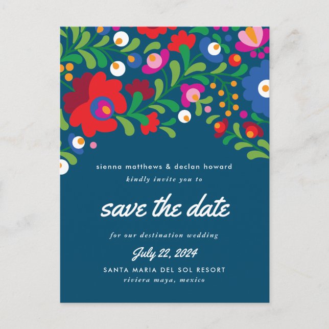 Mexikanische Stickerei Blau Save the Date Postkart Postkarte (Vorderseite)