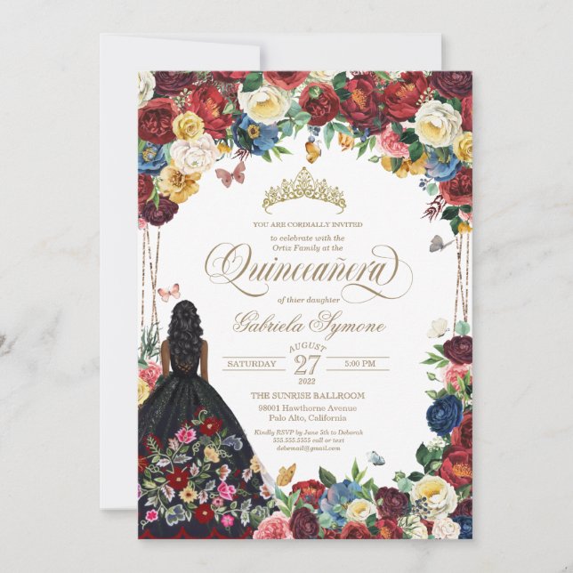 mexikanische Stickerei Butterfly Floral Quinceaner Einladung (Vorderseite)