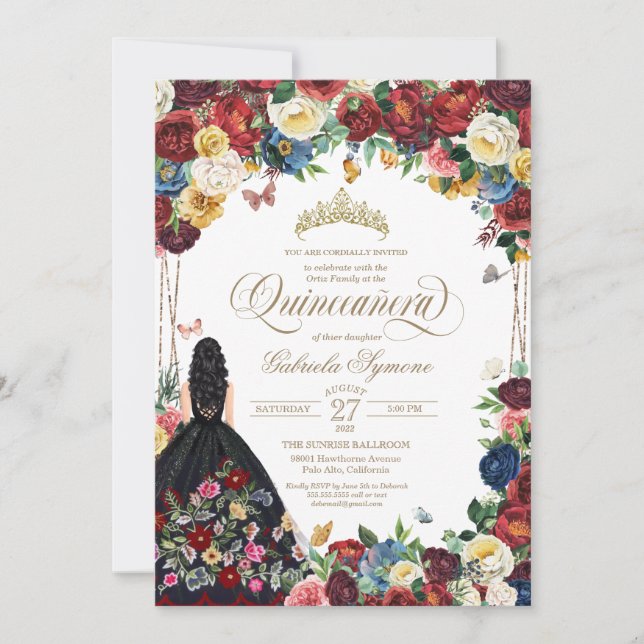mexikanische Stickerei Butterfly Floral Quinceaner Einladung (Vorderseite)