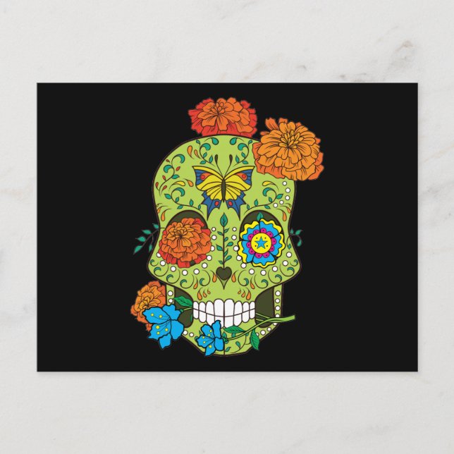 mexikanische Tattoo-Zucker-Schädel-Rose im Mund Postkarte (Vorderseite)